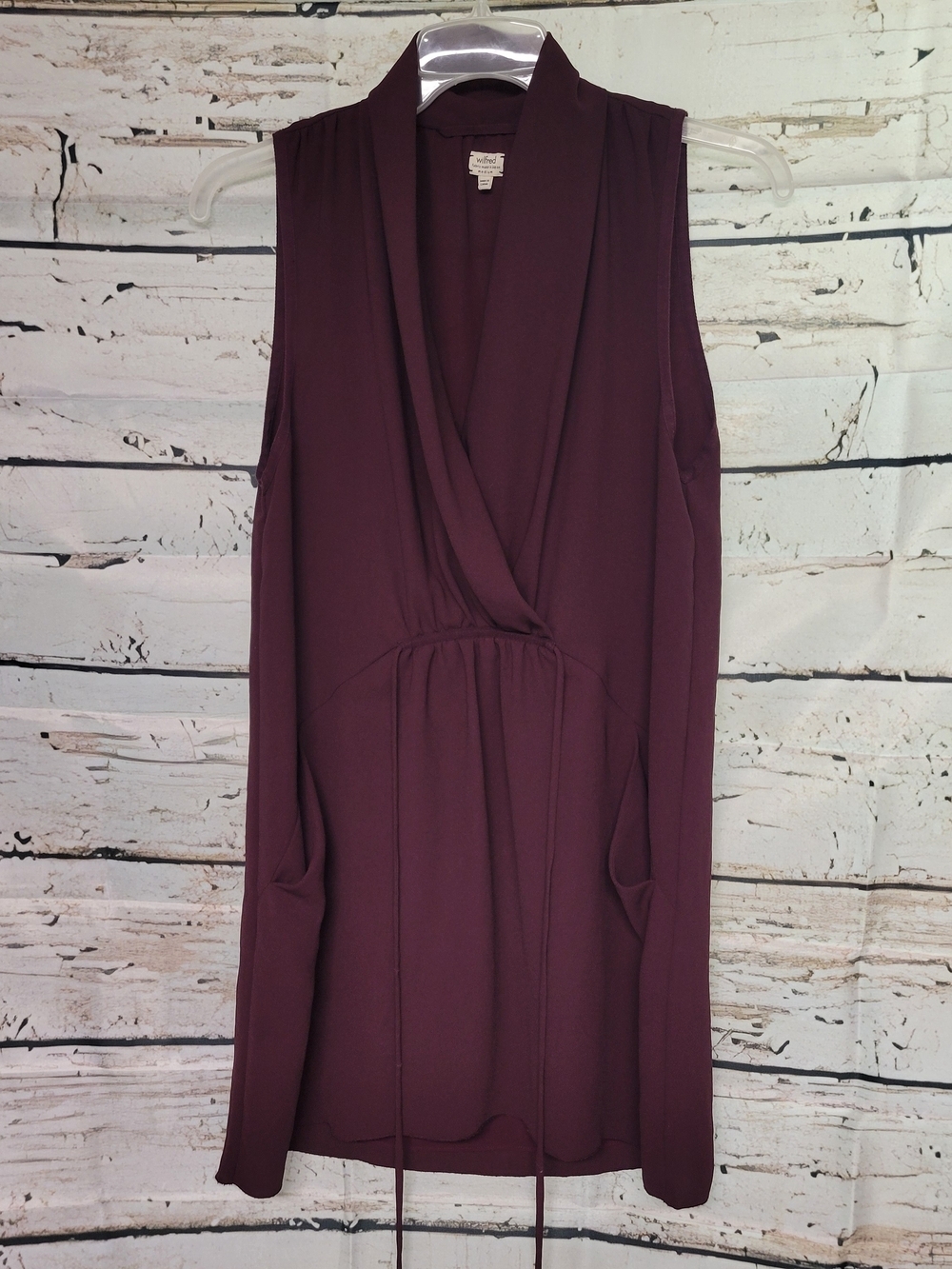 Wilfred Aritzia Burgundy Sleeveless Wrap Dress Medium Pockets Tie Waist